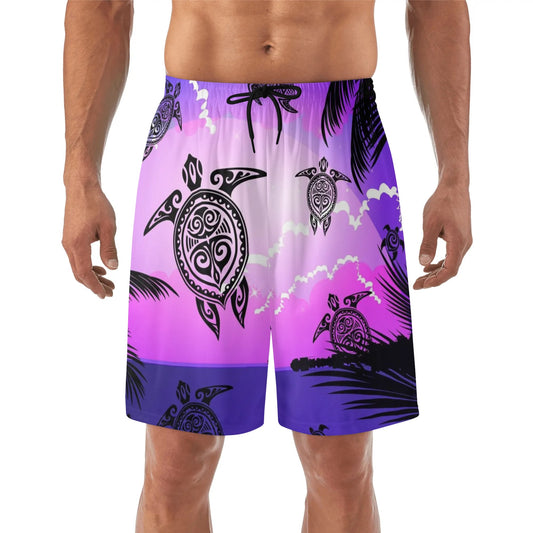 Mens Lightweight Hawaiian Beach Shorts with tribal Sea Turtle