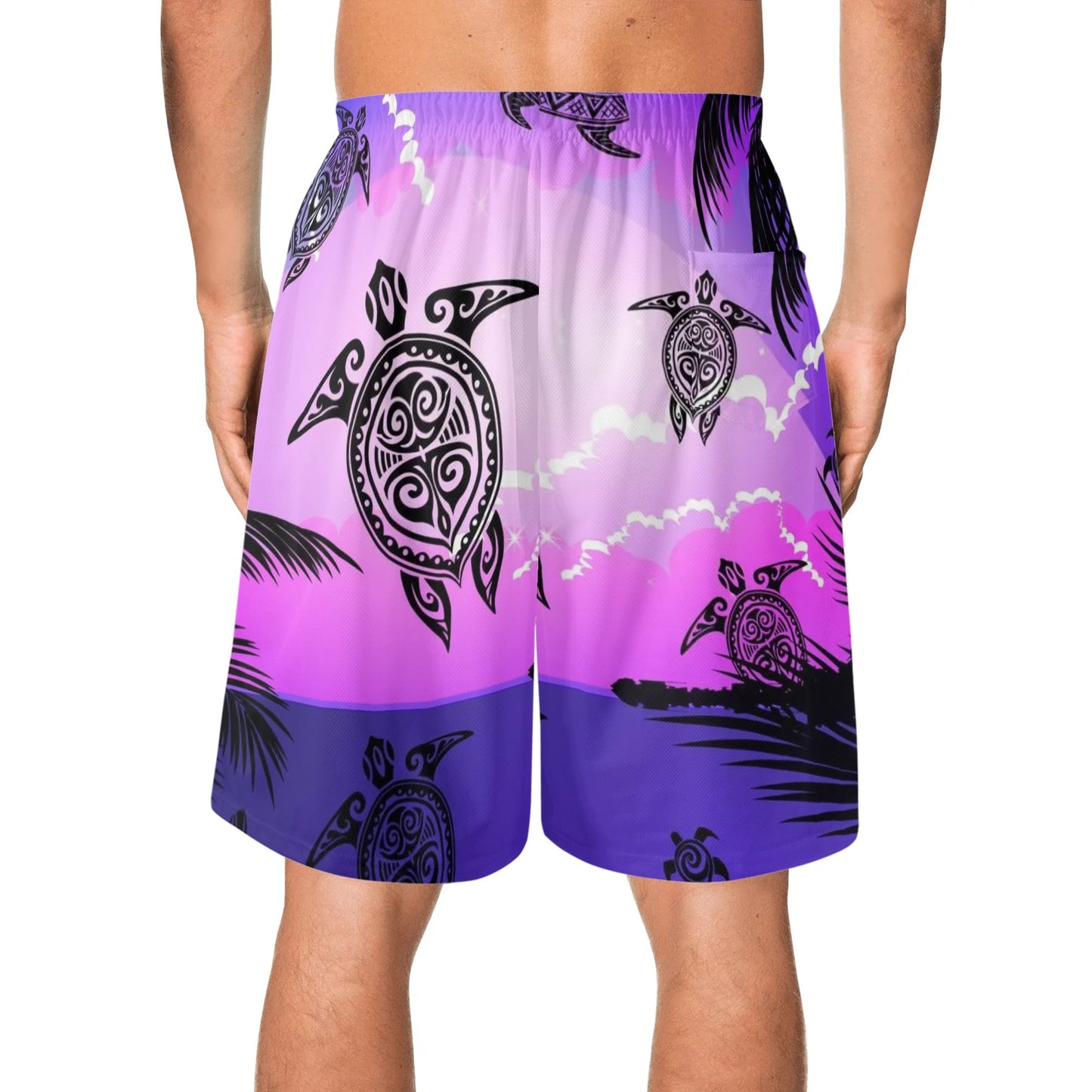 Mens Lightweight Hawaiian Beach Shorts with tribal Sea Turtle