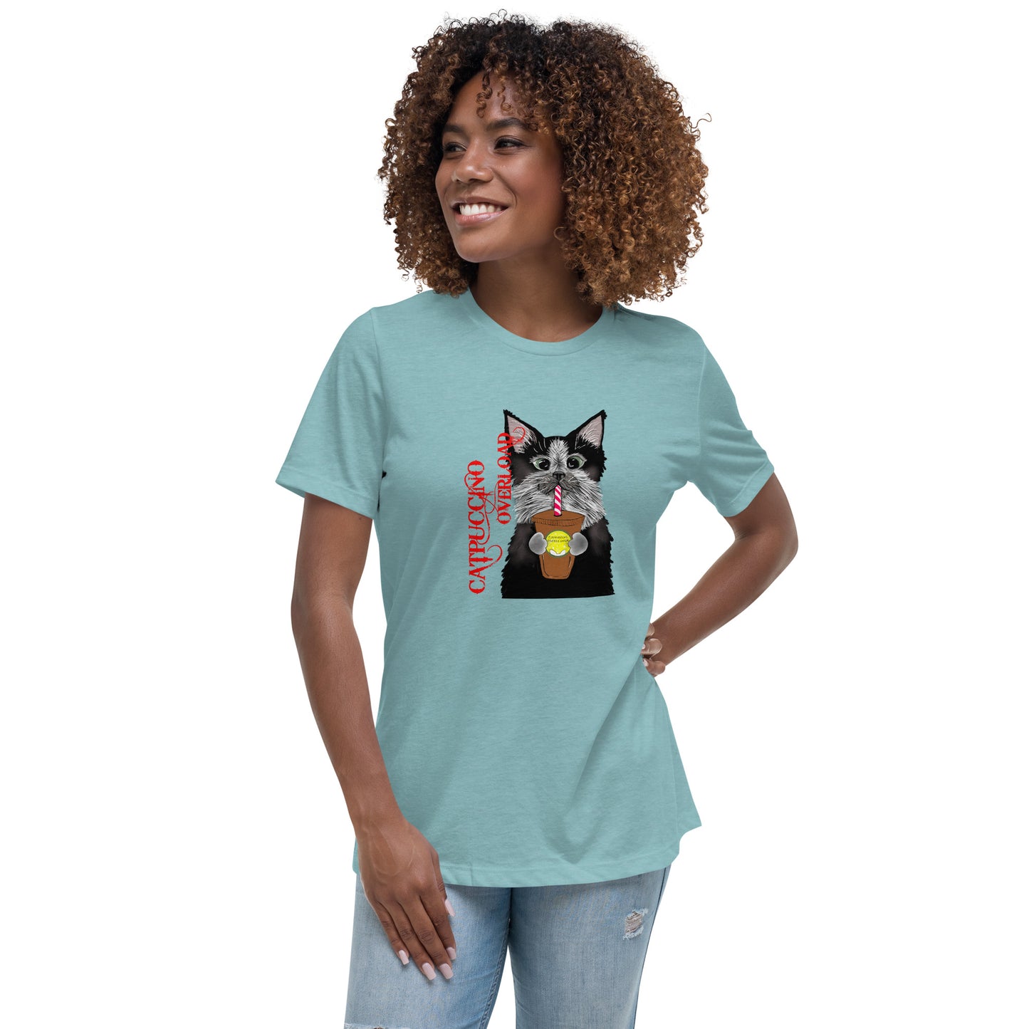 Catpuccino Overload silly cat and coffee t-shirt